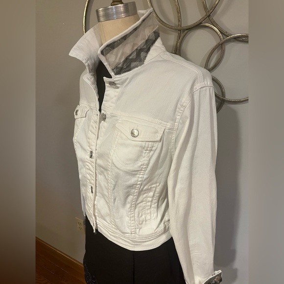 XL Upcycled White Denim Jacket Embellished with Silk Scarf - Picture 2 of 2